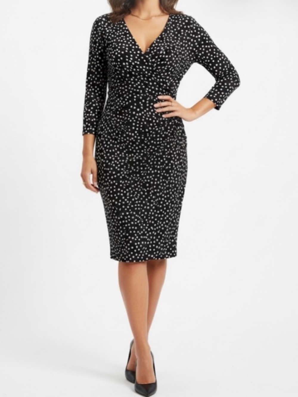 Lauren Ralph Lauren Black & White Polka Dot 3/4 Sleeves Faux Wrap Sheath Dress 4